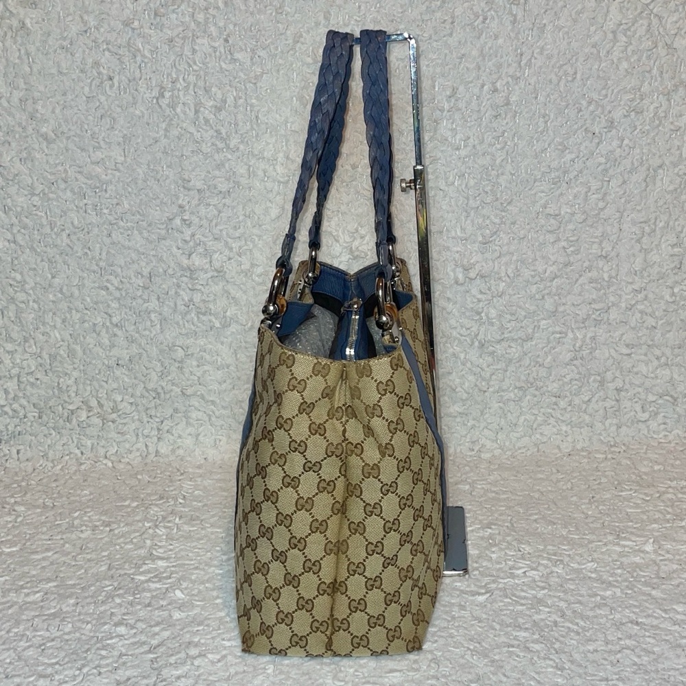 Gucci Guccissima Canvas & Sapphire Blue Leather Bamboo Large Shoulder Bag Tote - Picture 7 of 17